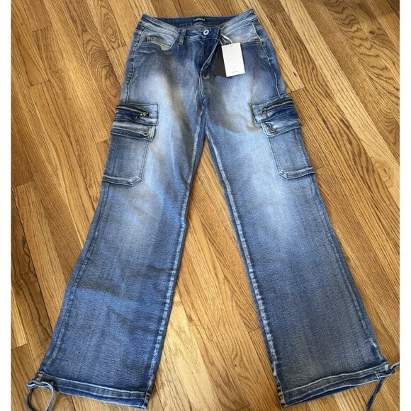 Nwt Womens Flamingals Cargo Drawstring Jeans Ladies Small - Picture 1 of 2